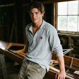 Vintage Bugle Boy 90s Gray Crest Long Sleeve Polo Men XL Preppy Grunge Casual